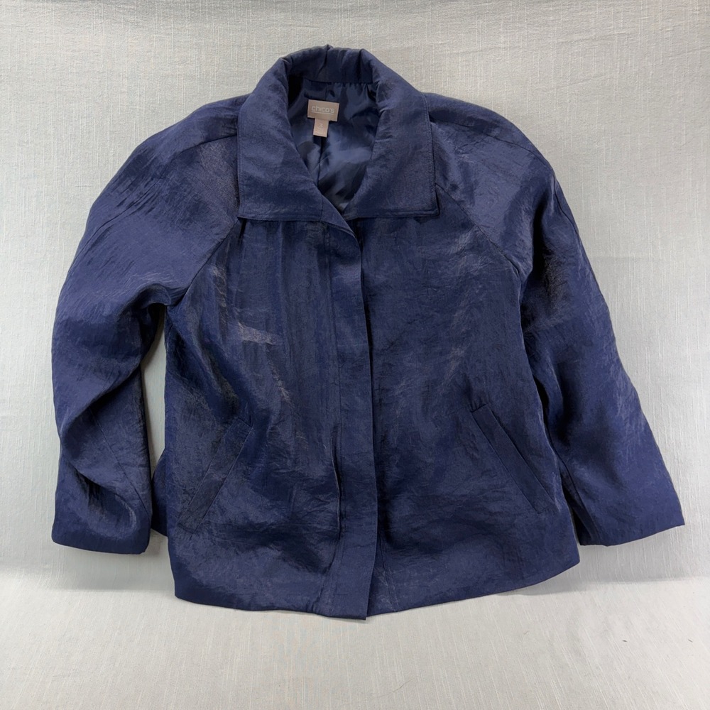 Chico's Jacket Women Size 3 Large Navy Blue Textured Full Zip Lightweight 0197